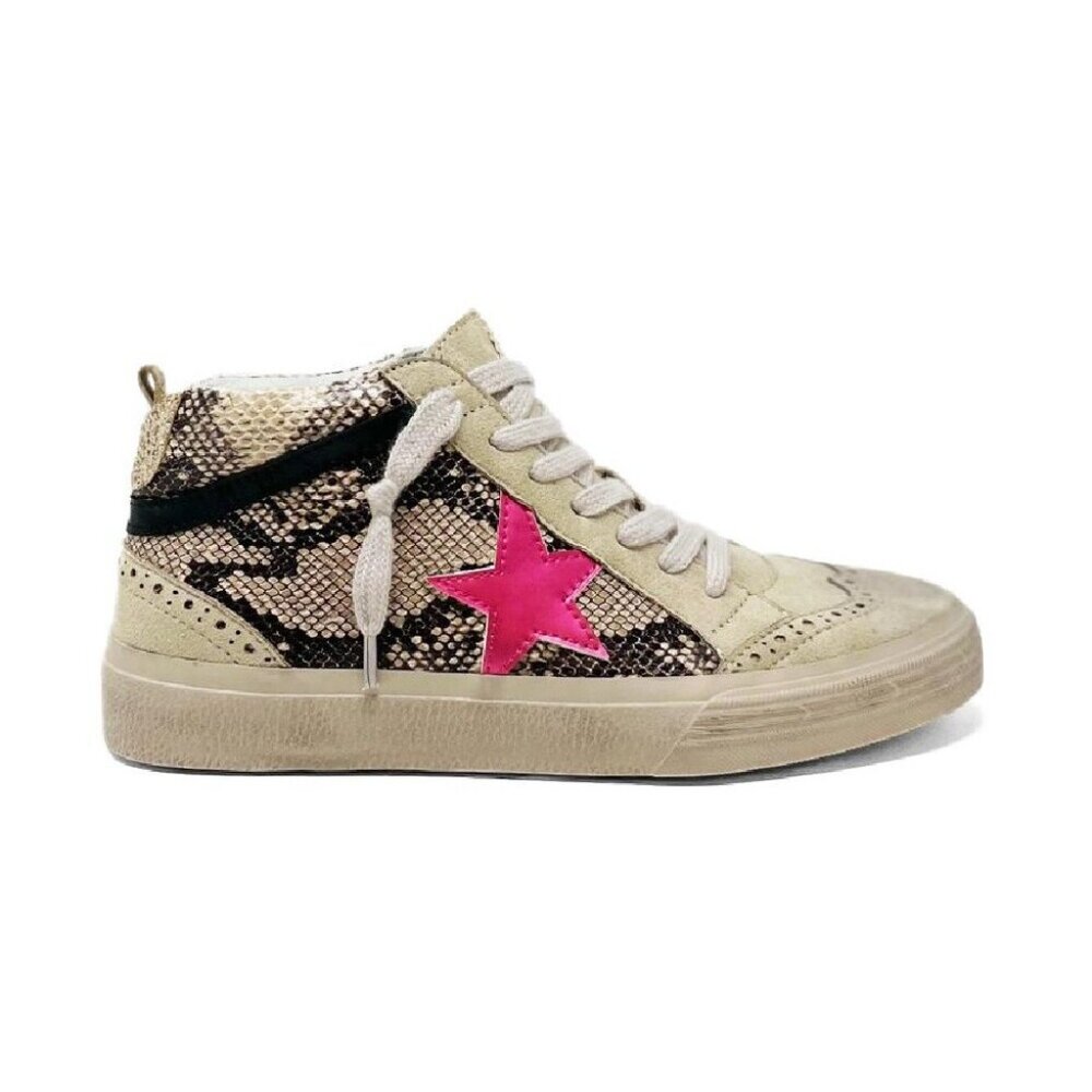 ShuShop Beige Snake-Print High Top Sneakers with Hot Pink Star